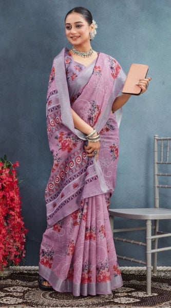 Mayawye Women's Linen Floral Printed Saree With Unstitched Blouse 5.5Mtr (Purple)