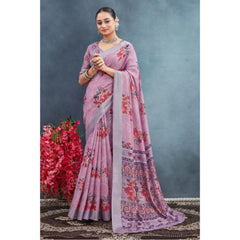 Mayawye Women's Linen Floral Printed Saree With Unstitched Blouse 5.5Mtr (Purple)