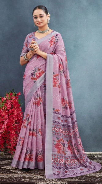 Mayawye Women's Linen Floral Printed Saree With Unstitched Blouse 5.5Mtr (Purple)