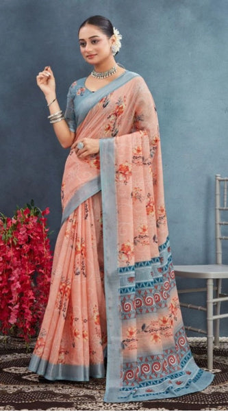 Mayawye Women's Linen Floral Printed Saree With Unstitched Blouse 5.5Mtr (Orange)