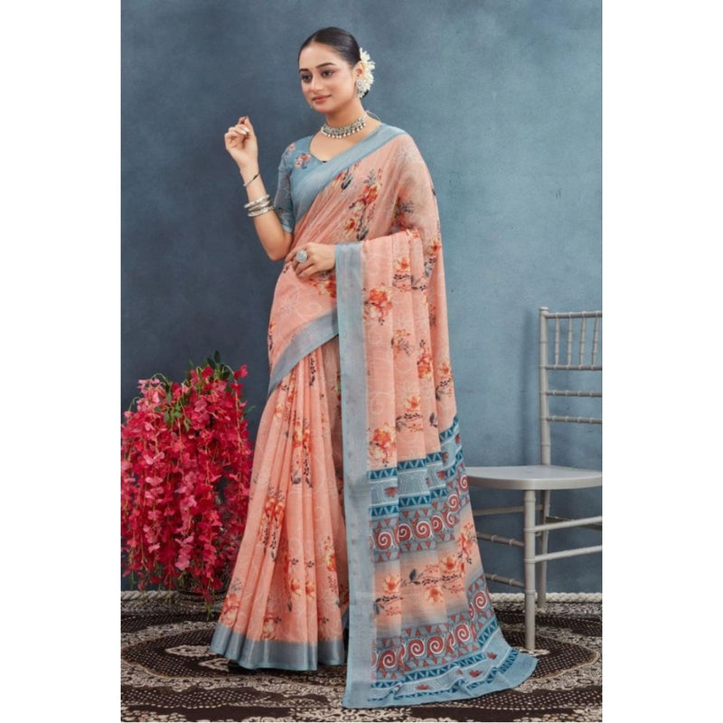 Mayawye Women's Linen Floral Printed Saree With Unstitched Blouse 5.5Mtr (Orange)