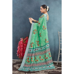 Mayawye Women's Linen Floral Printed Saree With Unstitched Blouse 5.5Mtr (Green)