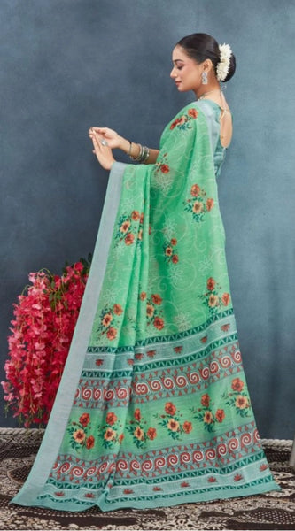 Mayawye Women's Linen Floral Printed Saree With Unstitched Blouse 5.5Mtr (Green)