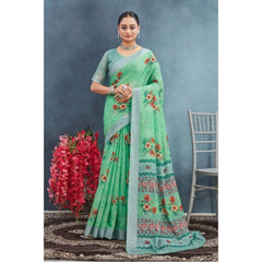 Mayawye Women's Linen Floral Printed Saree With Unstitched Blouse 5.5Mtr (Green)