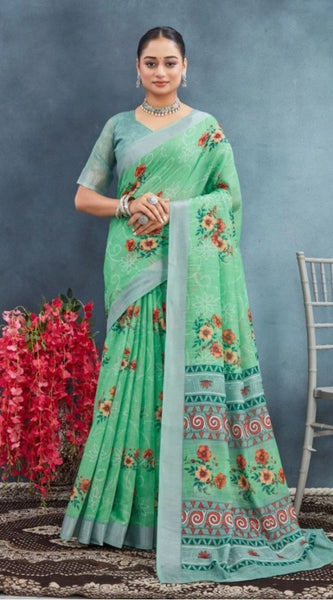 Mayawye Women's Linen Floral Printed Saree With Unstitched Blouse 5.5Mtr (Green)