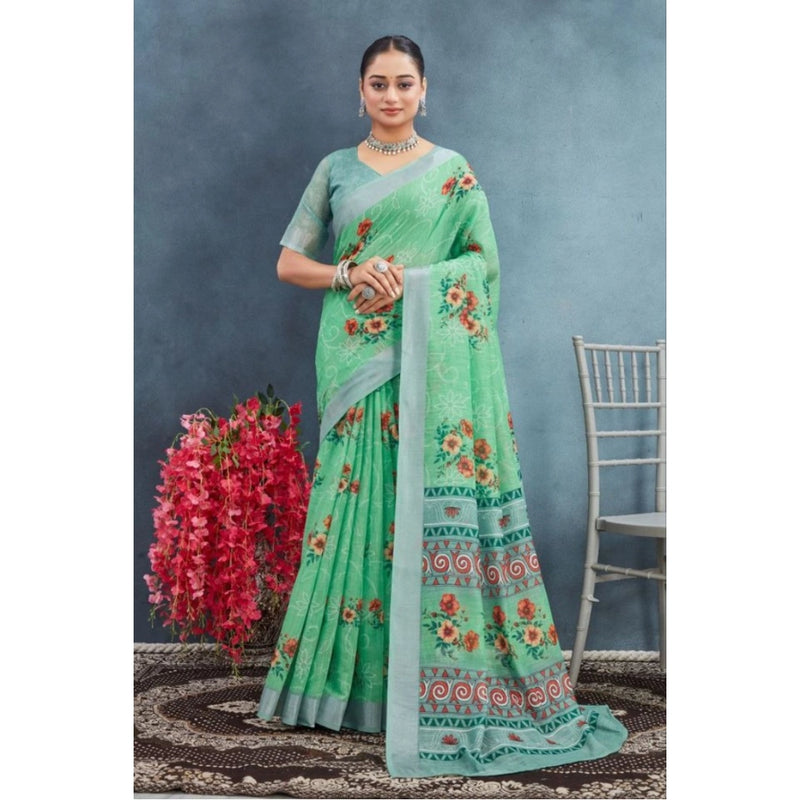 Mayawye Women's Linen Floral Printed Saree With Unstitched Blouse 5.5Mtr (Green)