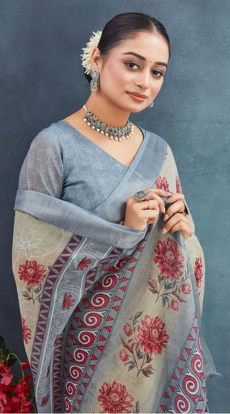 Mayawye Women's Linen Floral Printed Saree With Unstitched Blouse 5.5Mtr (Beige)