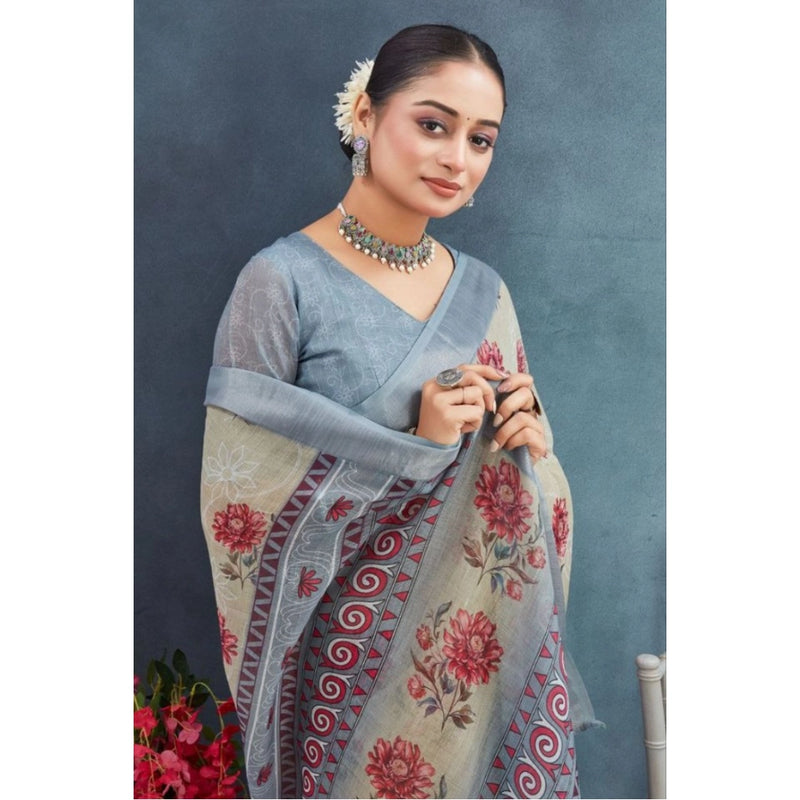 Mayawye Women's Linen Floral Printed Saree With Unstitched Blouse 5.5Mtr (Beige)