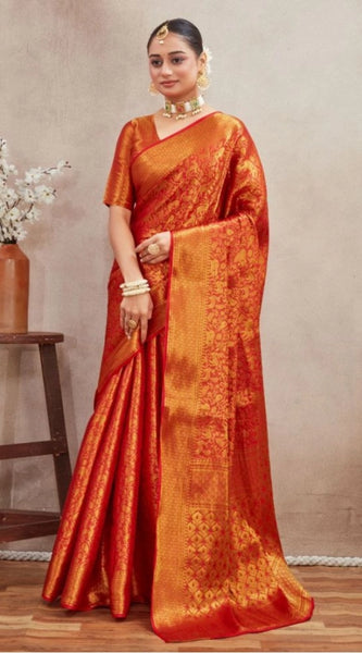 Mayawye Women's Silk Blend Floral Printed Saree With Unstitched Blouse 5.5Mtr (Red)