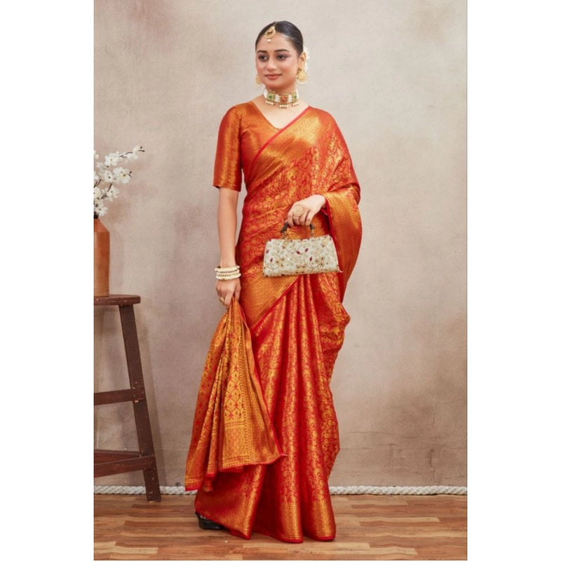 Mayawye Women's Silk Blend Floral Printed Saree With Unstitched Blouse 5.5Mtr (Red)