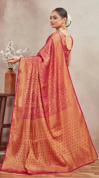 Mayawye Women's Silk Blend Floral Printed Saree With Unstitched Blouse 5.5Mtr (Pink)