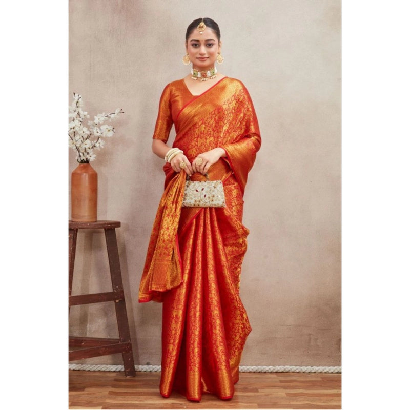 Mayawye Women's Silk Blend Floral Printed Saree With Unstitched Blouse 5.5Mtr (Red)