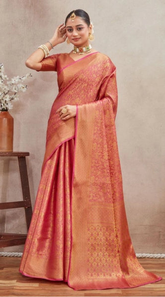 Mayawye Women's Silk Blend Floral Printed Saree With Unstitched Blouse 5.5Mtr (Peach)