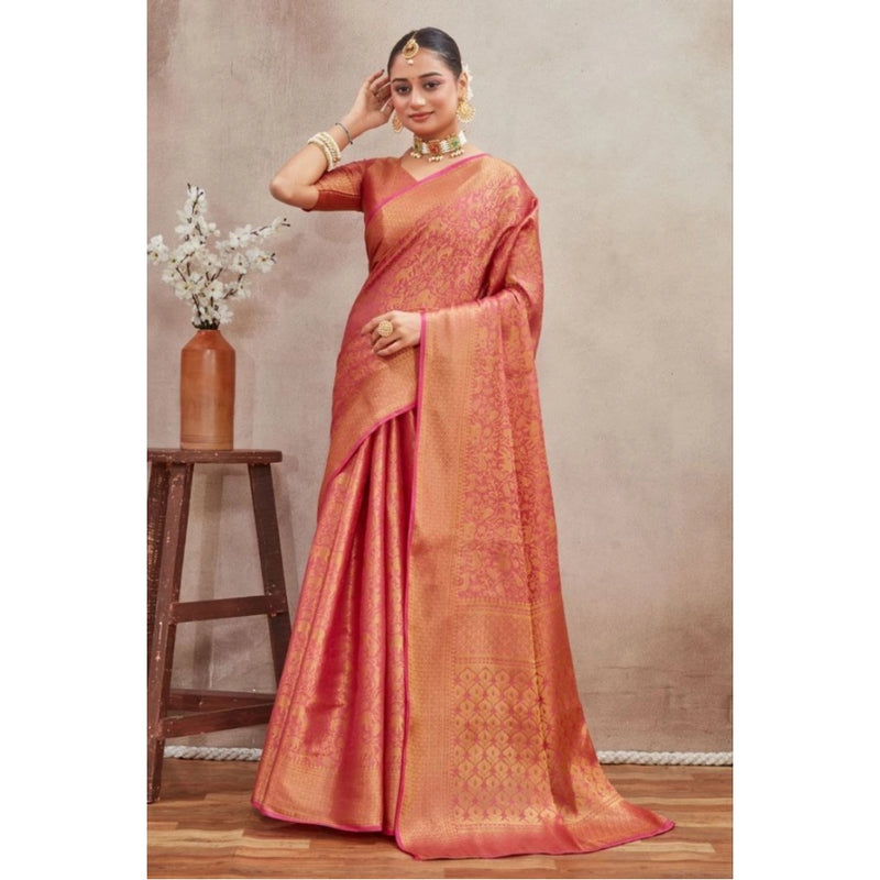 Mayawye Women's Silk Blend Floral Printed Saree With Unstitched Blouse 5.5Mtr (Peach)