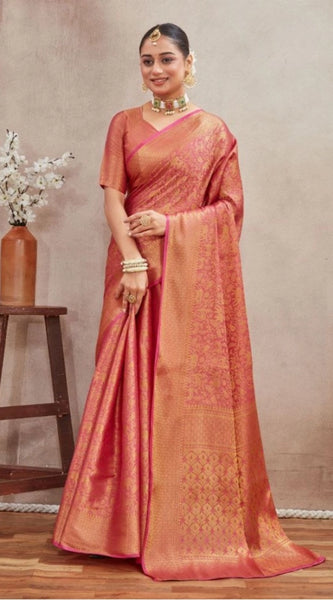Mayawye Women's Silk Blend Floral Printed Saree With Unstitched Blouse 5.5Mtr (Peach)