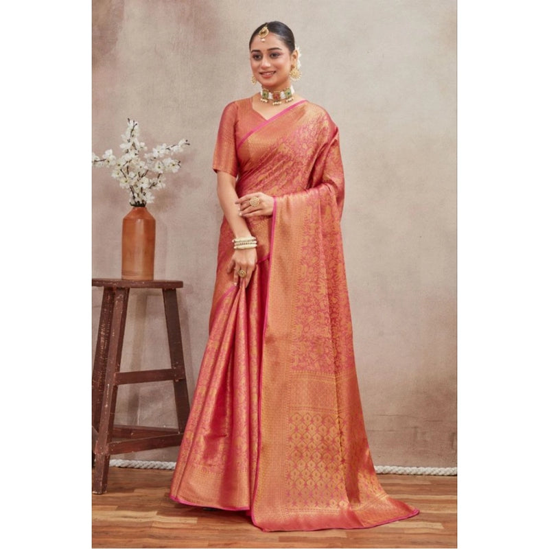 Mayawye Women's Silk Blend Floral Printed Saree With Unstitched Blouse 5.5Mtr (Peach)