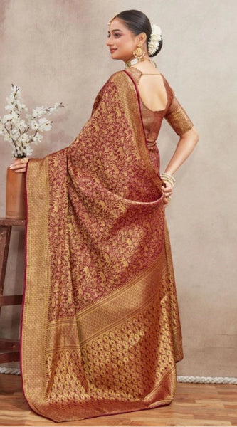 Mayawye Women's Silk Blend Floral Printed Saree With Unstitched Blouse 5.5Mtr (Brown)