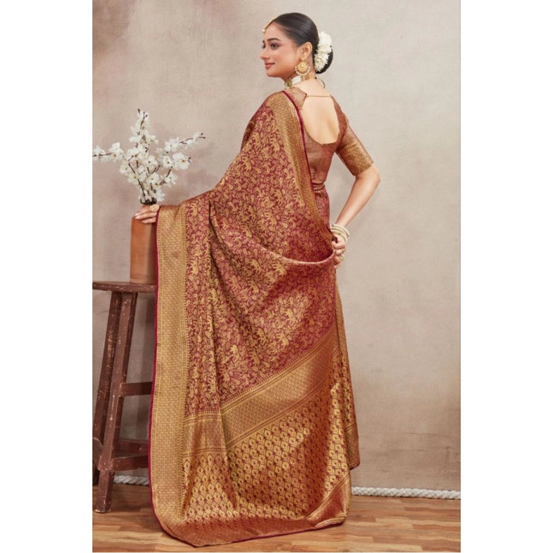 Mayawye Women's Silk Blend Floral Printed Saree With Unstitched Blouse 5.5Mtr (Brown)