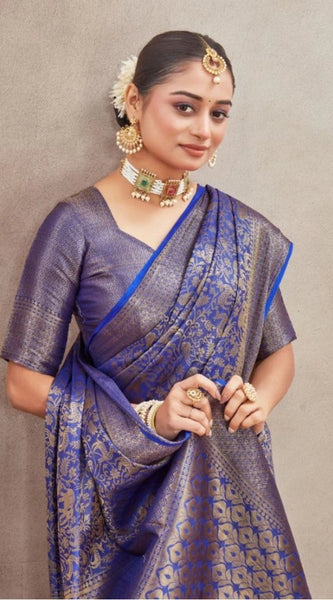 Mayawye Women's Silk Blend Floral Printed Saree With Unstitched Blouse 5.5Mtr (Royal Blue)