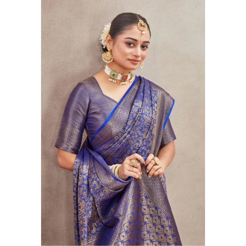Mayawye Women's Silk Blend Floral Printed Saree With Unstitched Blouse 5.5Mtr (Royal Blue)