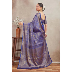 Mayawye Women's Silk Blend Floral Printed Saree With Unstitched Blouse 5.5Mtr (Royal Blue)