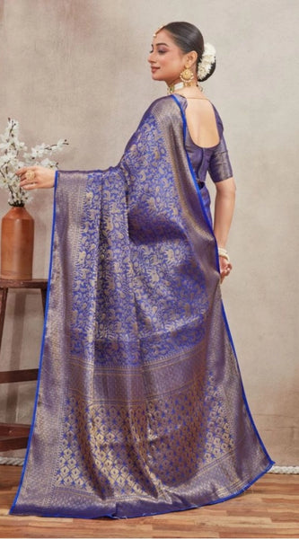 Mayawye Women's Silk Blend Floral Printed Saree With Unstitched Blouse 5.5Mtr (Royal Blue)