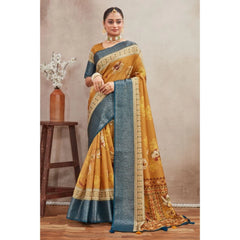 Mayawye Women's Crepe Silk Printed Saree With Unstitched Blouse 5.5Mtr (Mustard)