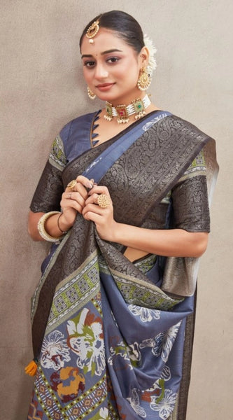 Mayawye Women's Crepe Silk Printed Saree With Unstitched Blouse 5.5Mtr (Grey)