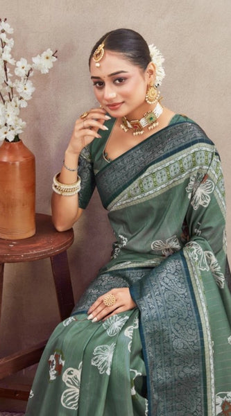 Mayawye Women's Crepe Silk Printed Saree With Unstitched Blouse 5.5Mtr (Green)
