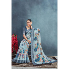 Mayawye Women's Linen Floral Printed Saree With Unstitched Blouse 5.5Mtr (Grey)