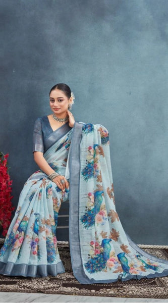 Mayawye Women's Linen Floral Printed Saree With Unstitched Blouse 5.5Mtr (Grey)