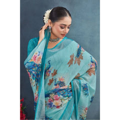 Mayawye Women's Linen Floral Printed Saree With Unstitched Blouse 5.5Mtr (Aqua)