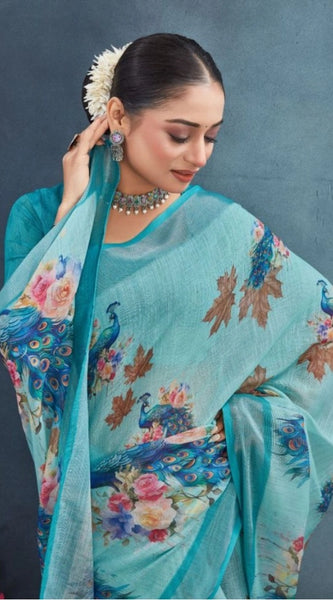 Mayawye Women's Linen Floral Printed Saree With Unstitched Blouse 5.5Mtr (Aqua)