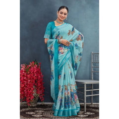Mayawye Women's Linen Floral Printed Saree With Unstitched Blouse 5.5Mtr (Aqua)