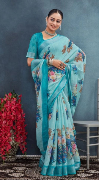 Mayawye Women's Linen Floral Printed Saree With Unstitched Blouse 5.5Mtr (Aqua)