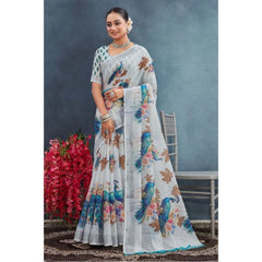 Mayawye Women's Linen Floral Printed Saree With Unstitched Blouse 5.5Mtr (Off-White)