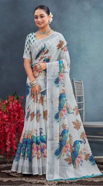 Mayawye Women's Linen Floral Printed Saree With Unstitched Blouse 5.5Mtr (Off-White)