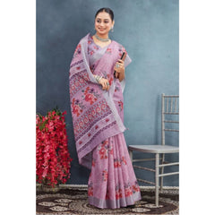 Mayawye Women's Linen Floral Printed Saree With Unstitched Blouse 5.5Mtr (Purple)