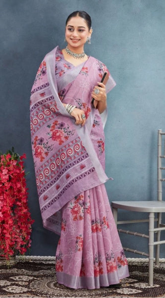 Mayawye Women's Linen Floral Printed Saree With Unstitched Blouse 5.5Mtr (Purple)