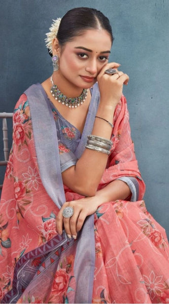 Mayawye Women's Linen Floral Printed Saree With Unstitched Blouse 5.5Mtr (Peach)