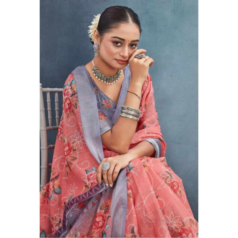 Mayawye Women's Linen Floral Printed Saree With Unstitched Blouse 5.5Mtr (Peach)