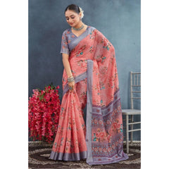Mayawye Women's Linen Floral Printed Saree With Unstitched Blouse 5.5Mtr (Peach)