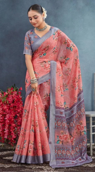 Mayawye Women's Linen Floral Printed Saree With Unstitched Blouse 5.5Mtr (Peach)