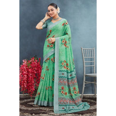 Mayawye Women's Linen Floral Printed Saree With Unstitched Blouse 5.5Mtr (Green)