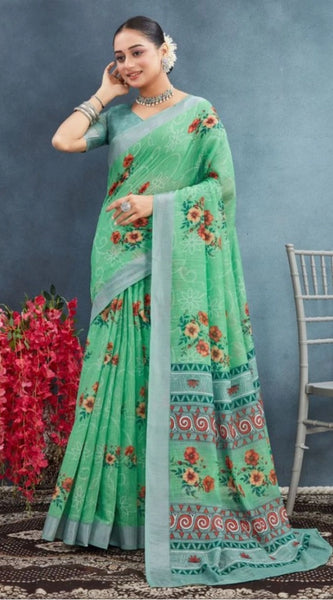 Mayawye Women's Linen Floral Printed Saree With Unstitched Blouse 5.5Mtr (Green)