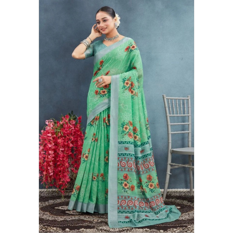 Mayawye Women's Linen Floral Printed Saree With Unstitched Blouse 5.5Mtr (Green)