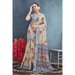 Mayawye Women's Linen Floral Printed Saree With Unstitched Blouse 5.5Mtr (Beige)