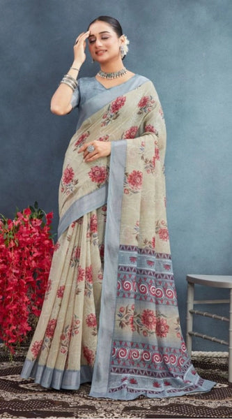 Mayawye Women's Linen Floral Printed Saree With Unstitched Blouse 5.5Mtr (Beige)