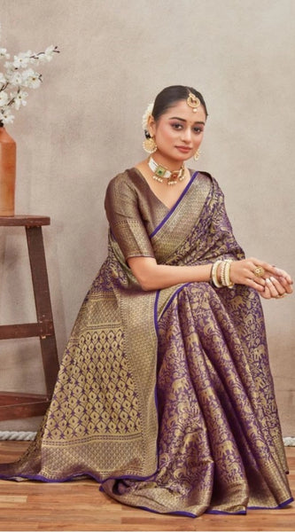 Mayawye Women's Silk Blend Floral Printed Saree With Unstitched Blouse 5.5Mtr (Navy Blue)