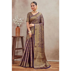 Mayawye Women's Silk Blend Floral Printed Saree With Unstitched Blouse 5.5Mtr (Navy Blue)